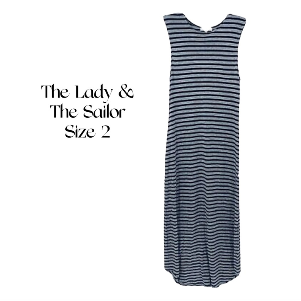 The Lady & The Sailor Striped Blue Gray Sleeveless maxi dress.